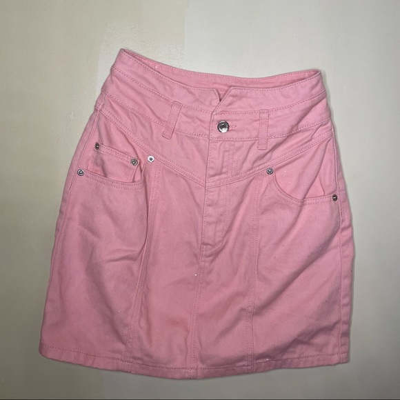 Pink Notched Denim Mini Skirt - Picture 2 of 11